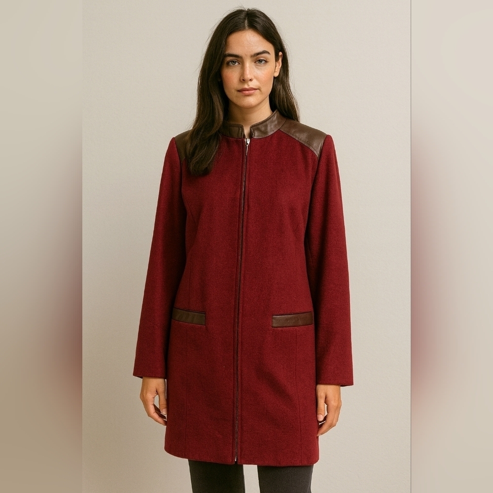Vintage BRADLEY BAYOU Wool/Cashmere With Leather Trim Longline Jacket.Burgundy.S